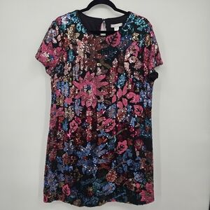 London Times Petites 14P Sequin Floral Shift Dress • Sparkle Party Dress